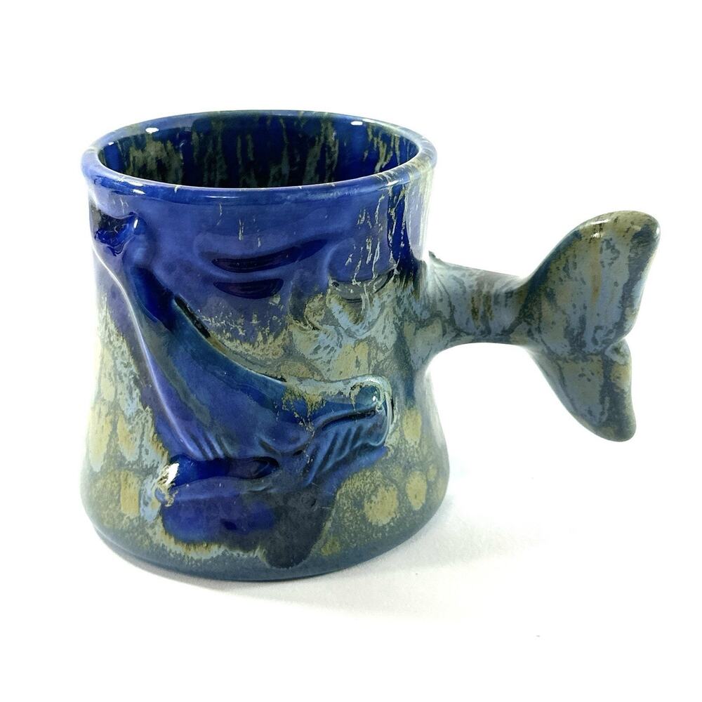 Vintage Fish Tail Mug Blue Pottery Whale Dolphin Handle Cup Ocean Coastal 3.5” - Picture 2 of 8